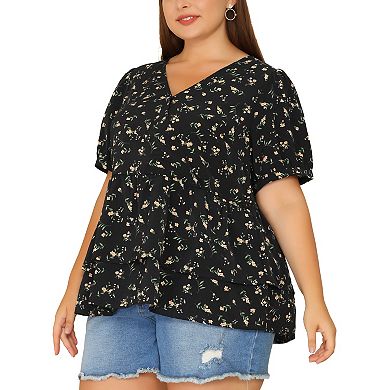 Women's Plus Size Blouse Floral Layered Flare Hem Casual Peplum Tops
