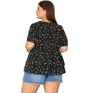 Women's Plus Size Blouse Floral Layered Flare Hem Casual Peplum Tops