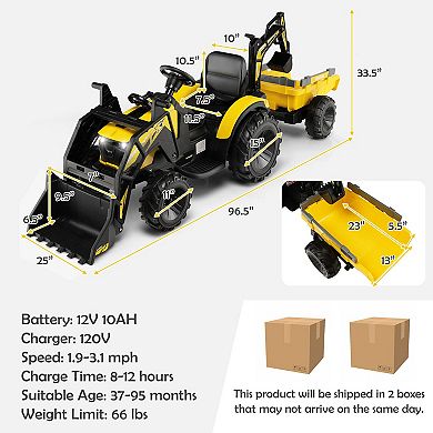 Gymax 3-in-1 Kids Ride On Excavator Bulldozer 12V Electric Tractor Remote w/ Trailer