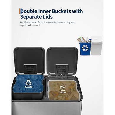 40L Stainless Steel Double Trash Can with Lid for Kitchen Waste and Recycling​