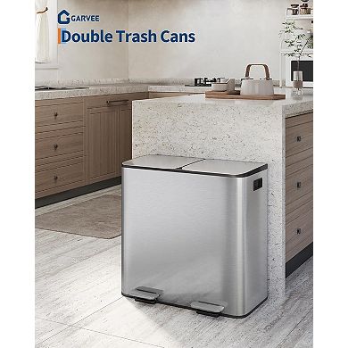 40L Stainless Steel Double Trash Can with Lid for Kitchen Waste and Recycling​