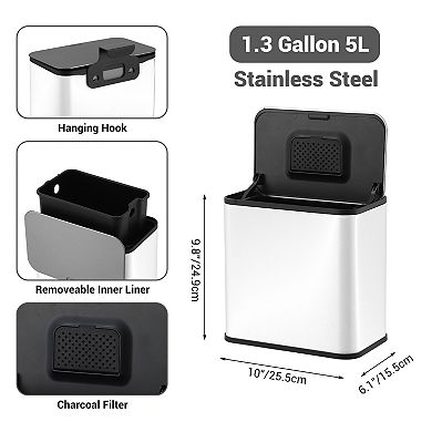 1.3 Gallon Stainless Steel Trash Can with Manual Lift Lid, Removable Inner Bucket, Charcoal Filter​