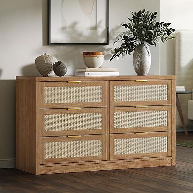 Boho Rattan 6-Drawer Dresser, Multi-Functional TV Stand & Storage Cabinet