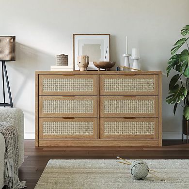 Boho Rattan 6-Drawer Dresser, Multi-Functional TV Stand & Storage Cabinet