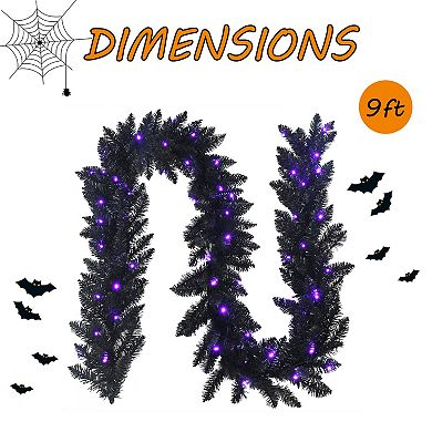 Gymax 9FT Pre-lit Black Halloween Garland Christmas Rattan w/ LED Lights & Timer