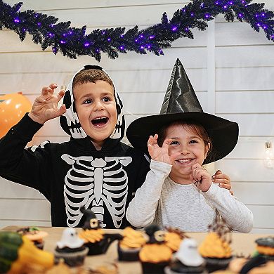 Gymax 9FT Pre-lit Black Halloween Garland Christmas Rattan w/ LED Lights & Timer