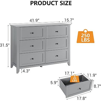 Modern 6-Drawer Dresser with Deep Drawers, Simple Design Wood Storage Chest