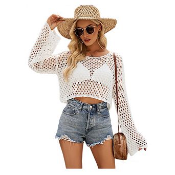 Women's Mesh Crochet Crop Top Long Sleeve Hollow Out Knit Sweater Bikini Beach See Through Cover Ups