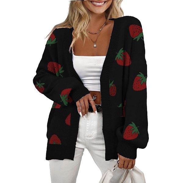 Women's Strawberry Pattern Jacquard Cardigan Sweater Casual Open