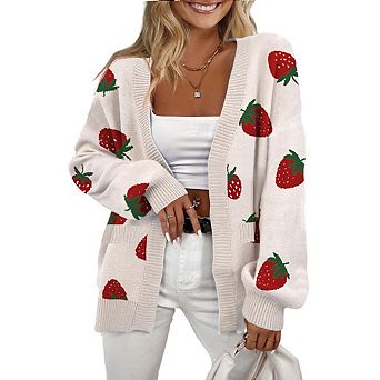 Women's Strawberry Pattern Jacquard Cardigan Sweater Casual Open Front Long Sleeve Style Sweater