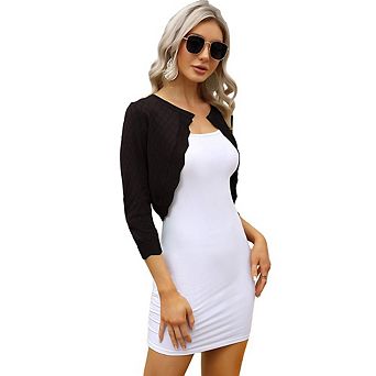 Womens Crochet 3/4 Sleeve Open Front Cardigan Elegant Knit Bolero Shrug Sweater