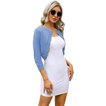 Womens Crochet 3/4 Sleeve Open Front Cardigan Elegant Knit Bolero Shrug Sweater