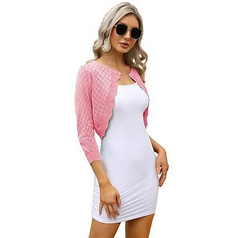 Womens Crochet 3/4 Sleeve Open Front Cardigan Elegant Knit Bolero Shrug Sweater