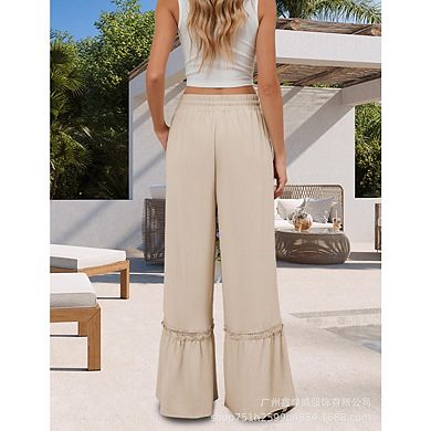 Women's Wide Leg Pants Drawstring Elastic High Waisted Ruffle Hem Palazzo Pants With Pockets