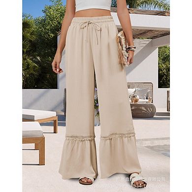 Women's Wide Leg Pants Drawstring Elastic High Waisted Ruffle Hem Palazzo Pants With Pockets