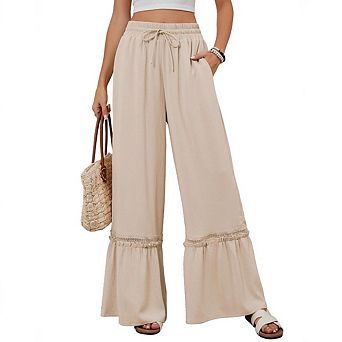 Women's Wide Leg Pants Drawstring Elastic High Waisted Ruffle Hem Palazzo Pants With Pockets