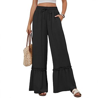 Women's Wide Leg Pants Drawstring Elastic High Waisted Ruffle Hem Palazzo Pants With Pockets