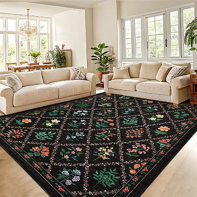 Garvee Geometric Pastoral Flower Washable Area Ruge Non Slip Low Pile for Modern Living Room Décor