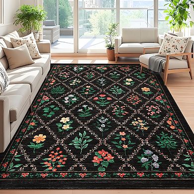 Garvee Geometric Pastoral Flower Washable Area Ruge Non Slip Low Pile for Modern Living Room Décor