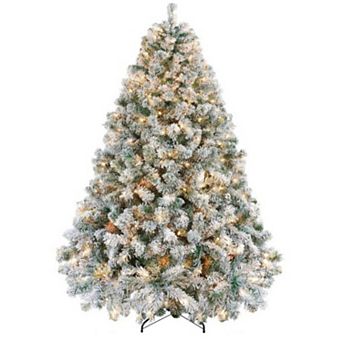 Pre-lit Christmas Tree with White Light,Snow Flocked Artificial Christmas Trees,Foldable Metal Stand