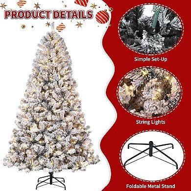 Pre-lit Christmas Tree with White Light,Snow Flocked Artificial Christmas Trees,Foldable Metal Stand