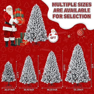 Pre-lit Christmas Tree with White Light,Snow Flocked Artificial Christmas Trees,Foldable Metal Stand