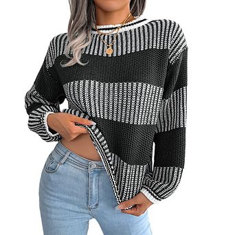 Women's Fashion Crew Neck Long Sleeve Striped Color Block Knit Loose Pullover Sweater Tops