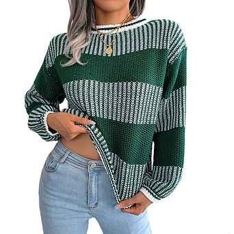 Women's Fashion Crew Neck Long Sleeve Striped Color Block Knit Loose Pullover Sweater Tops