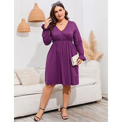Women's Plus Size V-Neck Long Sleeve Dress with Pockets Casual Flowy Maxi Dress for Everyday Wear