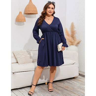 Women's Plus Size V-Neck Long Sleeve Dress with Pockets Casual Flowy Maxi Dress for Everyday Wear