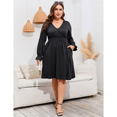 Women's Plus Size V-Neck Long Sleeve Dress with Pockets Casual Flowy Maxi Dress for Everyday Wear