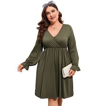 Women's Plus Size V-Neck Long Sleeve Dress with Pockets Casual Flowy Maxi Dress for Everyday Wear