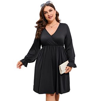 Women's Plus Size V-Neck Long Sleeve Dress with Pockets Casual Flowy Maxi Dress for Everyday Wear