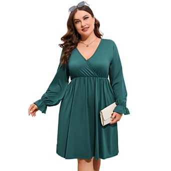 Women's Plus Size V-Neck Long Sleeve Dress with Pockets Casual Flowy Maxi Dress for Everyday Wear