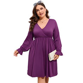 Women's Plus Size V-Neck Long Sleeve Dress with Pockets Casual Flowy Maxi Dress for Everyday Wear