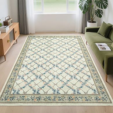 Garvee Modern Floral Print Area Rug Machine Washable Non Slip Geometric Rug for Bedroom Dining Room