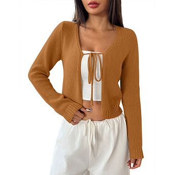 Women's Tie Front Long Sleeve Rib Knit Shrug Sweaters Cardigan Crop Top