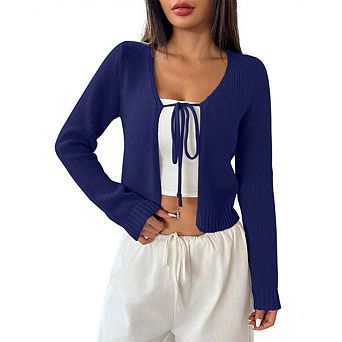 Women's Tie Front Long Sleeve Rib Knit Shrug Sweaters Cardigan Crop Top