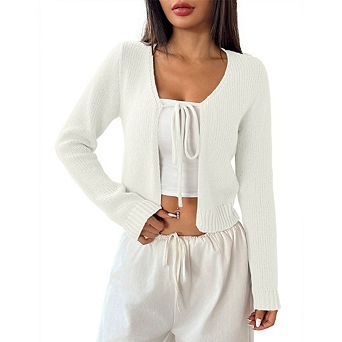 Women's Tie Front Long Sleeve Rib Knit Shrug Sweaters Cardigan Crop Top