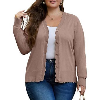 Women's Plus Size Cardigan Cropped Long Sleeve V-Neck Buttons Down Wave Edges Casual Knit Shrugs