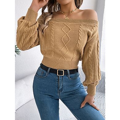 Women's Off Shoulder Sweaters Long Sleeve Cable Knit Slim Fit Ribbed Knit Tops Pullover Sweaters