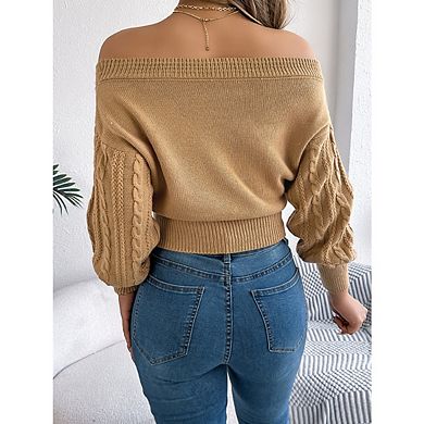 Women's Off Shoulder Sweaters Long Sleeve Cable Knit Slim Fit Ribbed Knit Tops Pullover Sweaters