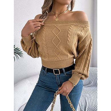 Women's Off Shoulder Sweaters Long Sleeve Cable Knit Slim Fit Ribbed Knit Tops Pullover Sweaters