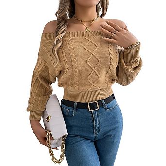 Women's Off Shoulder Sweaters Long Sleeve Cable Knit Slim Fit Ribbed Knit Tops Pullover Sweaters