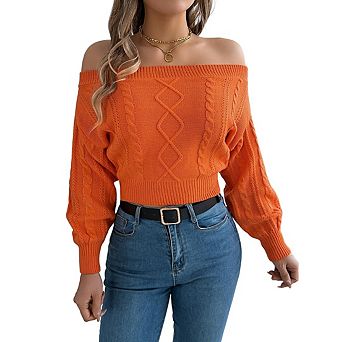 Women's Off Shoulder Sweaters Long Sleeve Cable Knit Slim Fit Ribbed Knit Tops Pullover Sweaters
