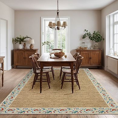 Garvee Minimalist Area Rug with Floral Border Low Pile Washable Non Slip for Bedroom Kitchen