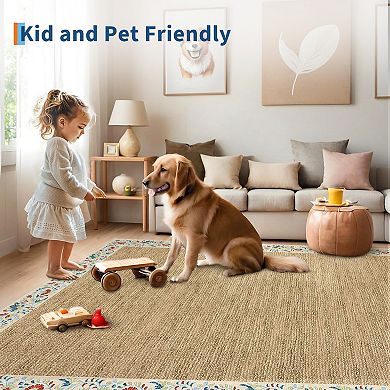 Garvee Minimalist Area Rug with Floral Border Low Pile Washable Non Slip for Bedroom Kitchen