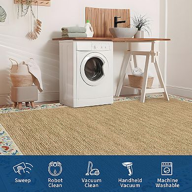 Garvee Minimalist Area Rug with Floral Border Low Pile Washable Non Slip for Bedroom Kitchen