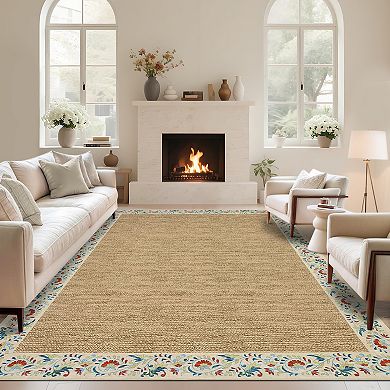 Garvee Minimalist Area Rug with Floral Border Low Pile Washable Non Slip for Bedroom Kitchen