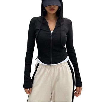Women's Cropped Zip Up Hoodie Lightweight Long Sleeve Rib Knit Slim Crop Jacket
